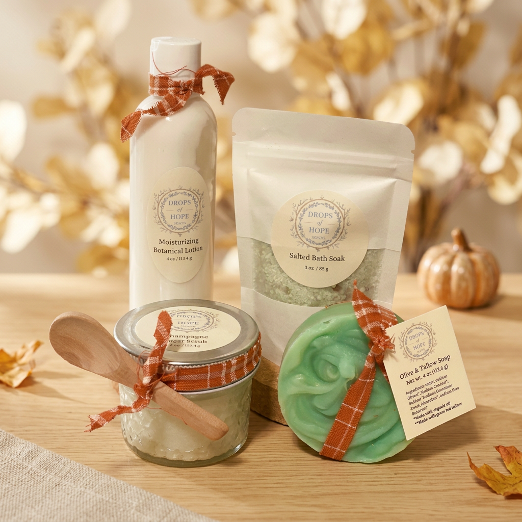 Bath and body product group in a warm autumn setting
