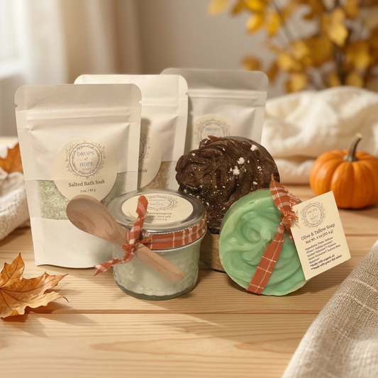 Bath soak, jar, and soaps in a warm autumn setting