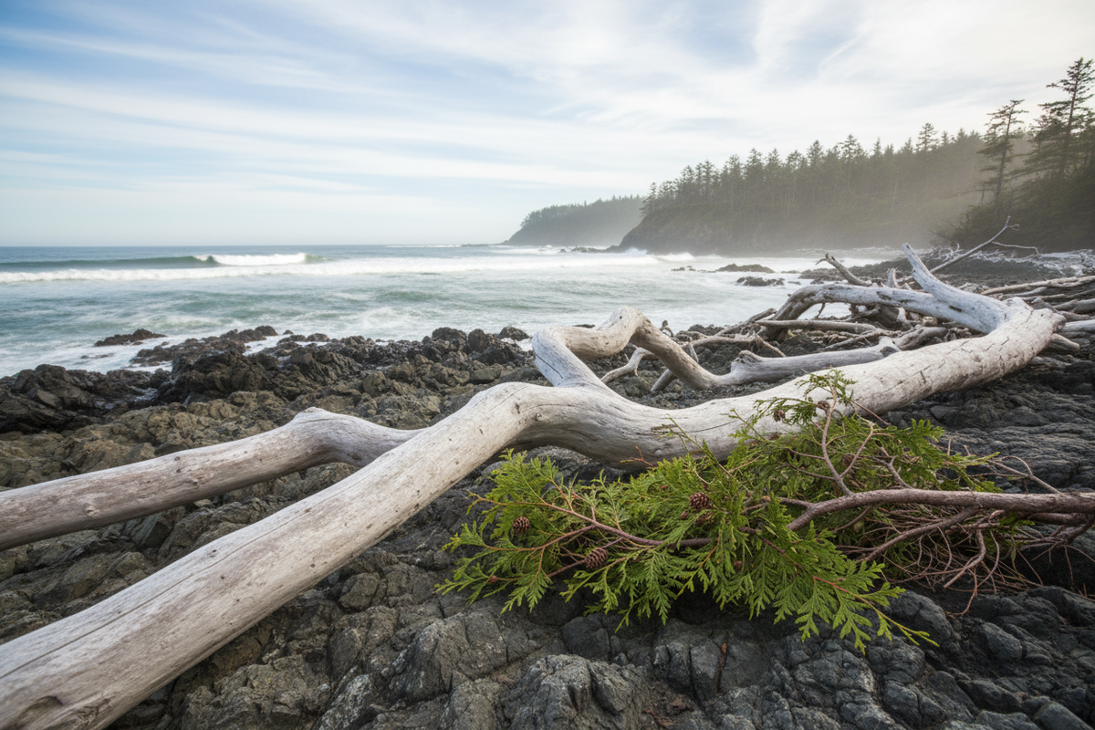 Driftwood and cedar branches along a rocky shoreline
