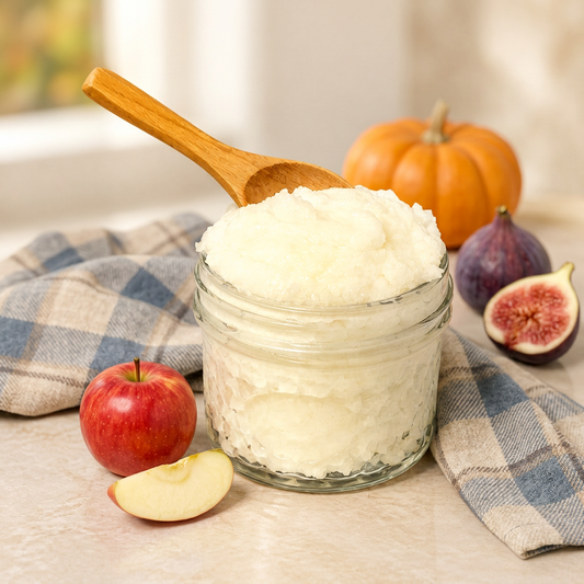 Fall scent product image with apple, pumpkin, autumn fig, and cozy flannel accents