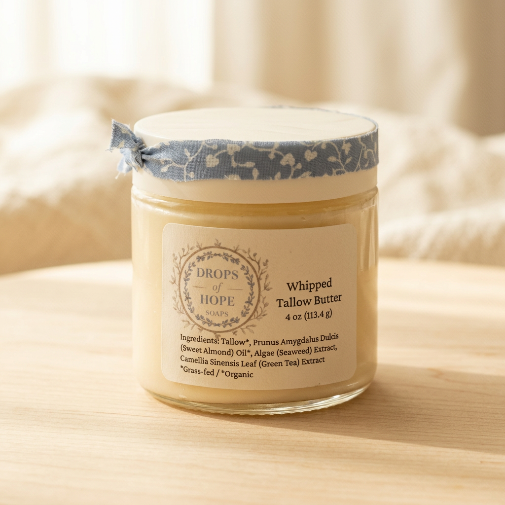 Whipped Tallow Butter in a labeled jar on a light wood background