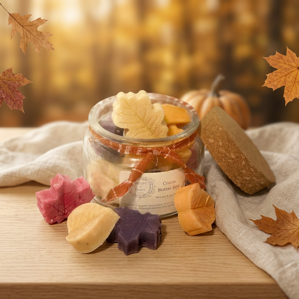 Leaf-shaped cocoa butter bars in a warm autumn setting