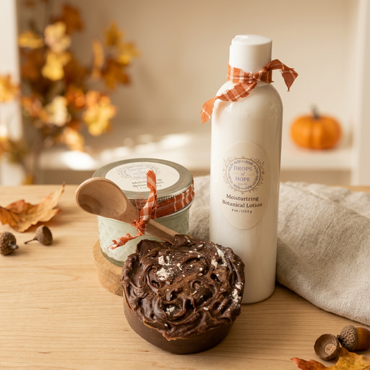 Lotion, jar, and soap in a warm autumn setting