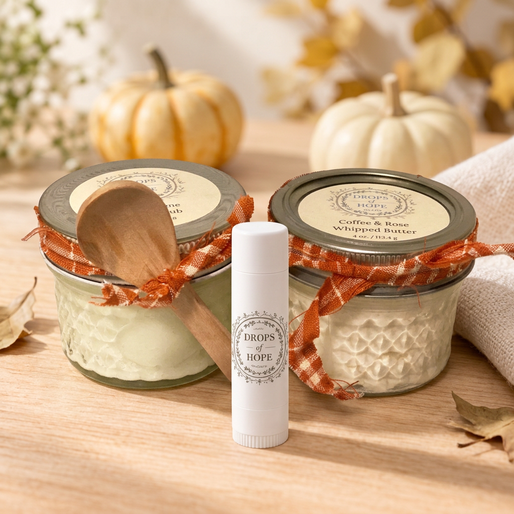 A Little Love Pamper Trio: sugar scrub, whipped body butter and lip balm in a fall setting